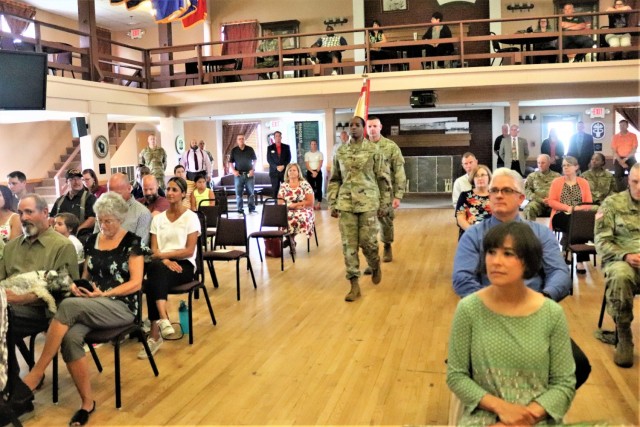 Garrison leaders and installation community members are in attendance as Command Sgt. Maj. Raquel DiDomenico becomes the new Fort McCoy Garrison command sergeant major July 1, 2021, during a change of responsibility ceremony at Fort McCoy, Wis. DiDomenico replaced Command Sgt. Maj. Paul Mantha as the garrison command sergeant major during the ceremony. She has previously served at Fort McCoy at the Fort McCoy Noncommissioned Officer Academy. A command sergeant major (CSM) is the most senior enlisted member of a color-bearing Army unit. The CSM is appointed to serve as a spokesman to address the issues of all Soldiers, from enlisted to officers, from warrant officers and lieutenants to the Army’s highest positions. As such, they are the senior enlisted advisor to the commander. The exact duties vary depending on the unit commander, including observing training and talking with Soldiers and their families. (Photo by Scott T. Sturkol, Public Affairs Office, Fort McCoy, Wis.)