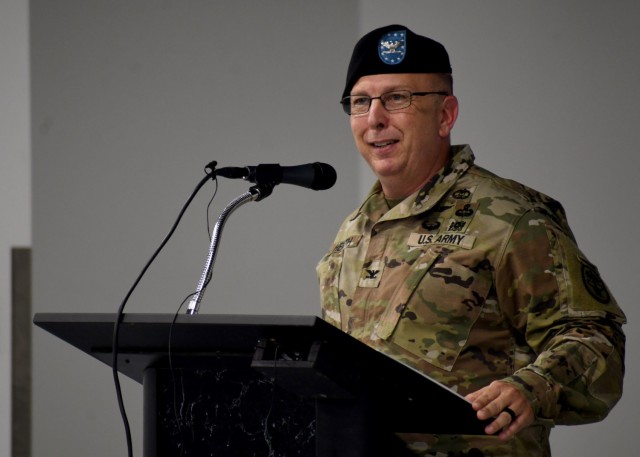 FORT DRUM, N.Y. – Col. Robert Heath, the outgoing commander of the U.S. Army Medical Department Activity (MEDDAC), Fort Drum, N.Y., speaks to the audience during a change of command ceremony, July 16, 2021.  During the ceremony, Heath, who headed the organization since Aug. 9, 2019, relinquished command of the MEDDAC to Col. Matthew Mapes.