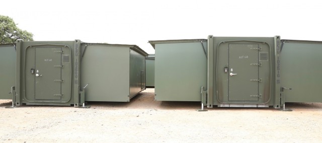 DEFENDER-Europe 21 COVID mitigation facilities used the most of available space and materials. At Camp Kandilapti, Greece, Area Support Team Greece converted office containers (exterior shown here) to ensure troop health and safety.