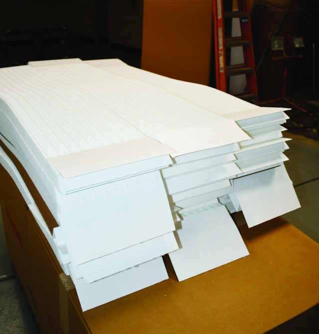 Examples of filter media after pleating. This media is used in the M98 Particulate Filters. First Article Test samples passed efficiency tests at PBA.