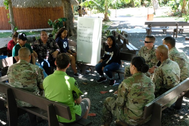 U.S. Soldiers of the 9th Mission Support Command’s Task Force Oceania discuss concerns faced by Tongan youth with the students from Brigham Young University-Hawaii at the Polynesian Cultural Center on June 6.  (U.S. Army photo by Sgt. Teresa Cantero)