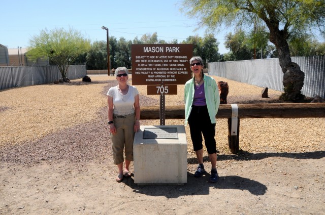 Mindy Mason (left) visited the park bearing her late brother's name nearly 35 years after the dedication ceremony she attended in August 1972. “I was glad to see my brother’s memorial still here,” she said. “Really, I learned quite a bit more about the mission of Yuma Proving Ground: I knew that they tested artillery and tanks, but that’s all I knew. I had a great time.”