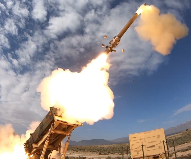 A Patriot Advanced Capability-3 (PAC-3) Cost Reduction Initiative (CRI) missile is launched during the recent successful Integrated Battle Command System (IBCS) flight test at White Sands Missile Range.