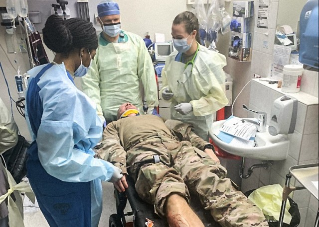 Soldiers with the 452nd Combat Support Hospital (CSH), 330th Medical Brigade, 807th Medical Command, U.S. Army Reserve, participate in a mass casualty exercise at Landstuhl Regional Medical Center, June 3. The 452nd CSH was deployed to LRMC in support of COVID-19 vaccination efforts while augmenting the hospital in various areas over the month of May. (Courtesy Photo)