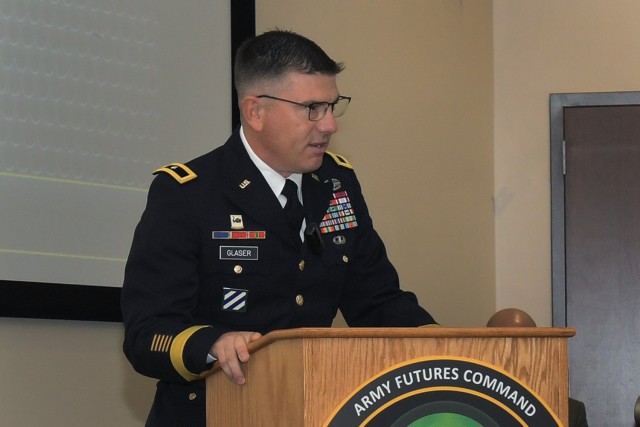 ORLANDO, Fla. – Brig Gen. William R. Glaser, director of the Synthetic Training Environment, Cross Functional Team delivers remarks after being the first Functional Area 57 Officer promoted to Brigadier General in a ceremony here July 9, 2021. 