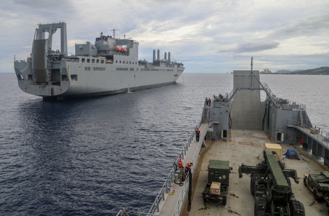 The U.S. Army Vessel Lt. General William B. Bunker (LSV-4), 8th Theater Sustainment Command, conducts a joint maritime equipment transfer of Army Preposition Stock with the U.S. Naval Ship Fisher in Tinian July 16th in support of Defender Pacific 2021. Army Watercraft Systems provide unique capabilities to the Theater Army, allowing rapid and flexible movement of personnel, supplies and equipment in the sea domain.