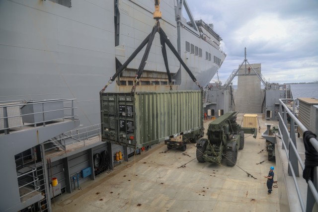 The U.S. Army Vessel Lt. General William B. Bunker (LSV-4), 8th Theater Sustainment Command, conducts a joint maritime equipment transfer of Army Preposition Stock with the U.S. Naval Ship Fisher in Tinian July 16th in support of Defender Pacific 2021. Army Watercraft Systems provide unique capabilities to the Theater Army, allowing rapid and flexible movement of personnel, supplies and equipment in the sea domain.