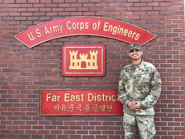 Army Master Sergeant David Montes Jr. poses for a photo in front of the Far East District headquarters building, prior to his commission at the Far East District Compound in Seoul, August 31, 2018.