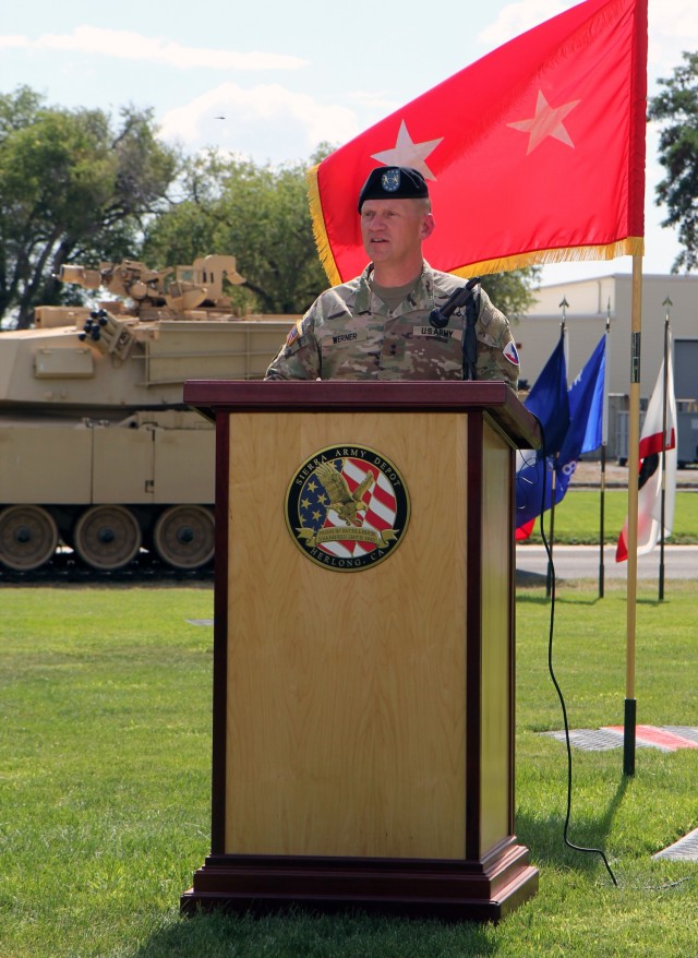 Maj. Gen. Darren Werner, U.S. Army Tank-automotive and Armaments Command (TACOM) commanding general, addresses attendees of Sierra Army Depot&#39;s change of command ceremony, July 20, 2021.

Werner outlined the achievements of outgoing Sierra Army Depot commander Lt. Col. Russell Henry before welcoming incoming commander Lt. Col. Amy Cory to the Sierra Army Depot and TACOM team, as the 43rd commander in the 79-year history of the depot.

Sierra Army Depot is located in Herlong, California, approximately 60 miles north of Reno, Nevada. The depot provides long-term life cycle sustainment solutions for U.S. Army Tank-automotive and Armaments Command, U.S. Army Materiel Command, the U.S. Army and the Joint Force.

TACOM, headquartered in Warren, Michigan, is a major subordinate command of Army Materiel Command and manages the Army&#39;s groud equipment supply chain, which constitutes about 60 percent of the Army&#39;s total equipment.