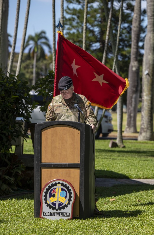 Army Sustainment Command's commanding general, Maj. Gen. Chris Mohan, delivers remarks at the change of command ceremony for the 402nd Army Field Support Brigade.