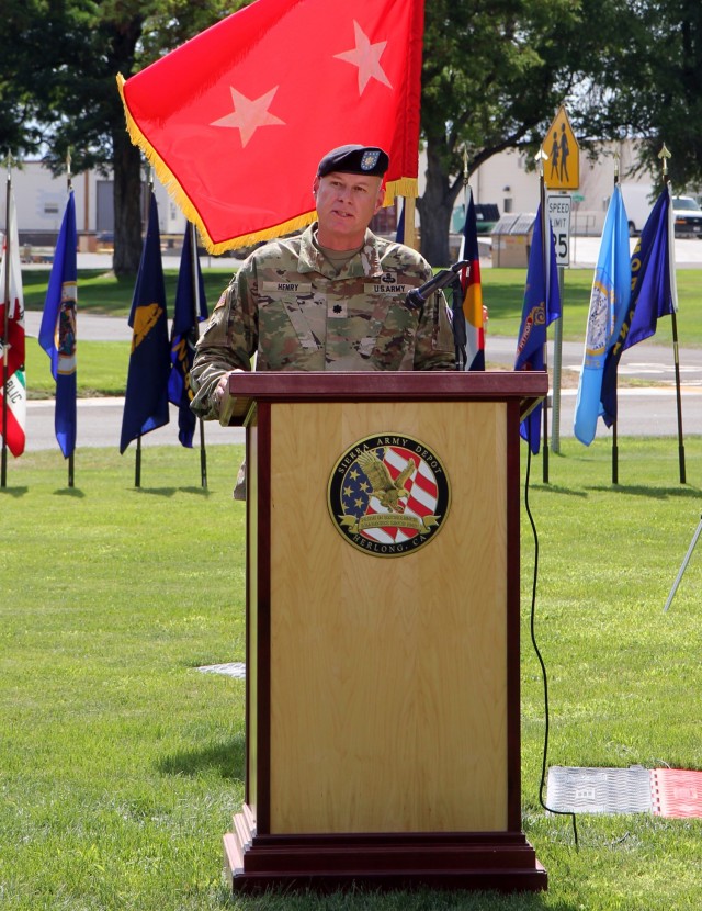 Lt. Col. Russell Henry, outgoing Sierra Army Depot commander, addresses attendees of the Sierra Army Depot change of command ceremony, July 20, 2021. Henry was the 42nd commander of Sierra Army Depot, established in 1942 -- before Lt. Col. Amy Cory assumed command as the depot's 43rd commander during the same ceremony.

Notably, Henry led the depot during the COVID-19 pandemic, as the depot became the COVID-19 personal protective eqiupment storage and distribution center for the entire U.S. Army. Henry also oversaw the institution of the Sierra Performance System -- a continuous process improvement program which overhauls daily processes and procedures on the depot.

Sierra Army Depot is located in Herlong, California, approximately 60 miles north of Reno, Nevada. The depot provides long-term life cycle sustainment solutions for U.S. Army Tank-automotive and Armaments Command, U.S. Army Materiel Command, the U.S. Army and the Joint Force.