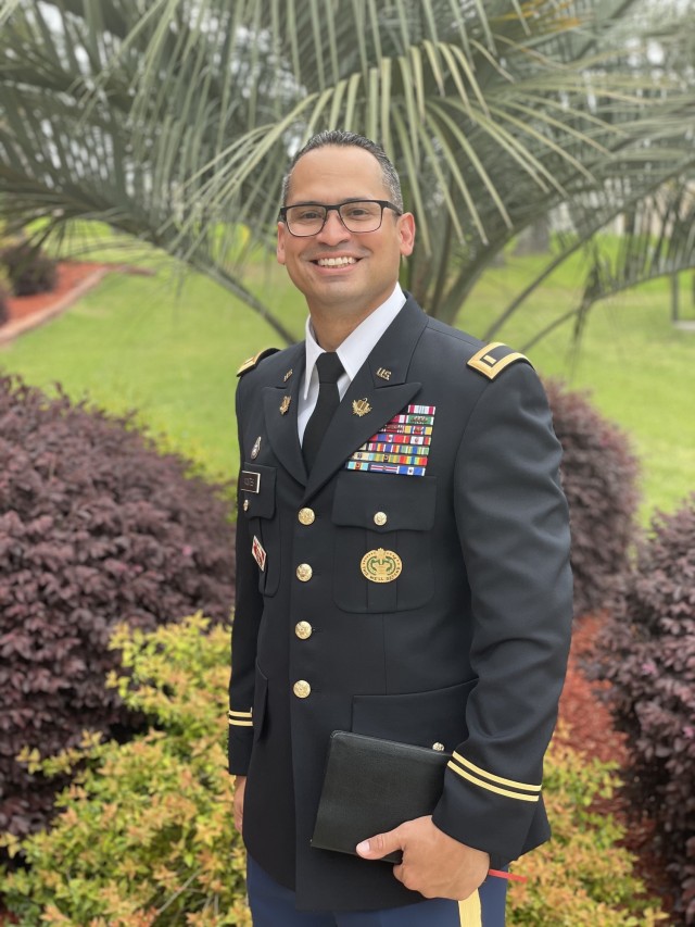 Chaplain candidate David Montes Jr. poses for a photo at the U.S. Army Chaplain Center and School (USACHCS) Fort Jackson, South Carolina after the Chaplain Corps Regimental pinning ceremony on April 10, 2021.
