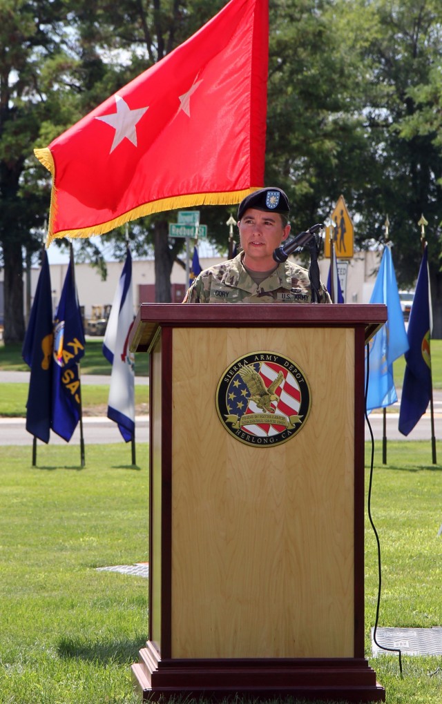 Lt. Col. Amy Cory, Sierra Army Depot commander, addresses attendees of the Sierra Army Depot change of command ceremony, July 20, 2021. Cory is the 43rd commander of Sierra Army Depot, established in 1942 -- and the first female to command the...