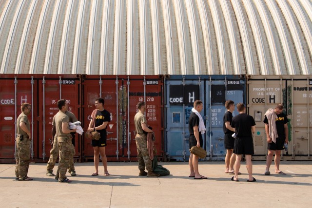 Cadets wait in line to shower during Refit. Cadets receive refit days every three to four days while completing their Field Training Exercise (FTX) during Cadet Summer Training. Fort Knox, Ky., July 5, 2021. | Photo by Olivia Van Den Heuvel, CST...