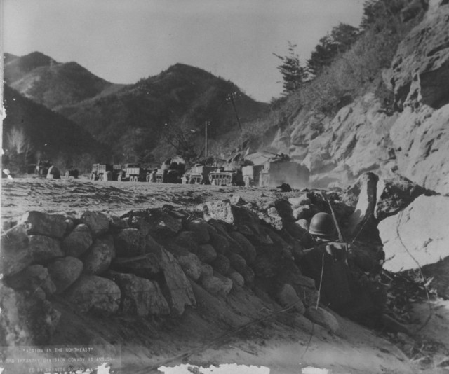 A convoy is ambushed by Chinese forces during the Korean War