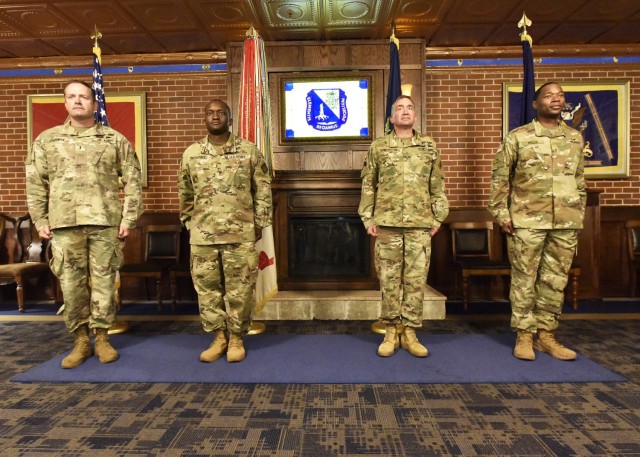 Present at the ceremony were all four Chemical Corps Regimental Chief Warrant Officers to date. From left: Chief Warrant Officer 3 Matthew Chrisman, who served as the first Regimental Chief Warrant Officer, from 2013 to 2016; Chief Warrant Officer...