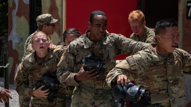 Cadets of 7th Regiment, Advanced Camp recover from being exposed to tear gas in the confidence chamber at Fort Knox, KY on July 7, 2021 during Chemical, Biological, Radiological, and Nuclear training. | Photo by Griffin Amrein, CST Public Affairs.