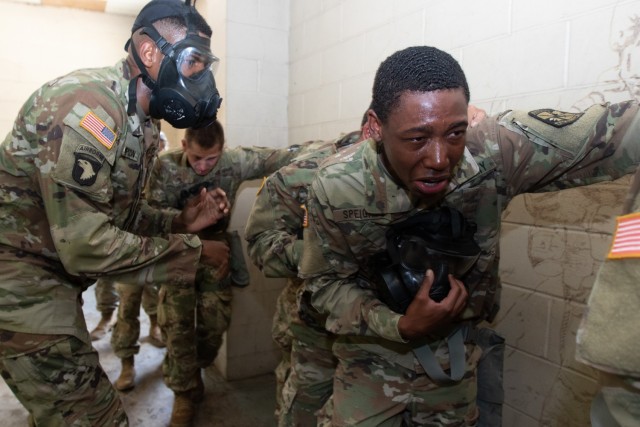 Cadets from 6th Regiment, Advanced Camp, walk out of the gas chamber after being exposed to CS Gas as part of the Chemical, Biological, Radiological and Nuclear (CBRN) training at Fort Knox, Ky., on July 2, 2021. CS Gas is a commonly used item for riot control and was used to create confidence on the Cadets gear. | Photo by Oscar Fuentes, Cadet Summer Training Public Affairs office.