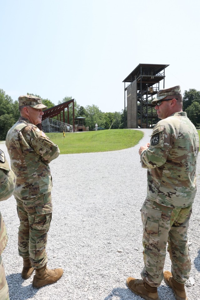 Deputy Commander of U.S. Army Material Command Lt. Gen. Donnie Walker observes Cadet Summer Training with CST Commandant Col. Brent Clemmer during his visit to Fort Knox on July 23, 2021.