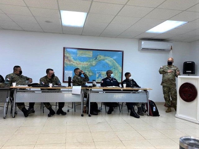 MAJ Robert Diaz, WHINSEC instructor, facilitates for the members of Joint Task Force Alpha during the Human Rights and Democracy block of instruction. Human Right scenarios are incorporated throughout the PANAMAX to reinforce the training received by the team. Photo by Panama National Police Major Elaine Cedeño.