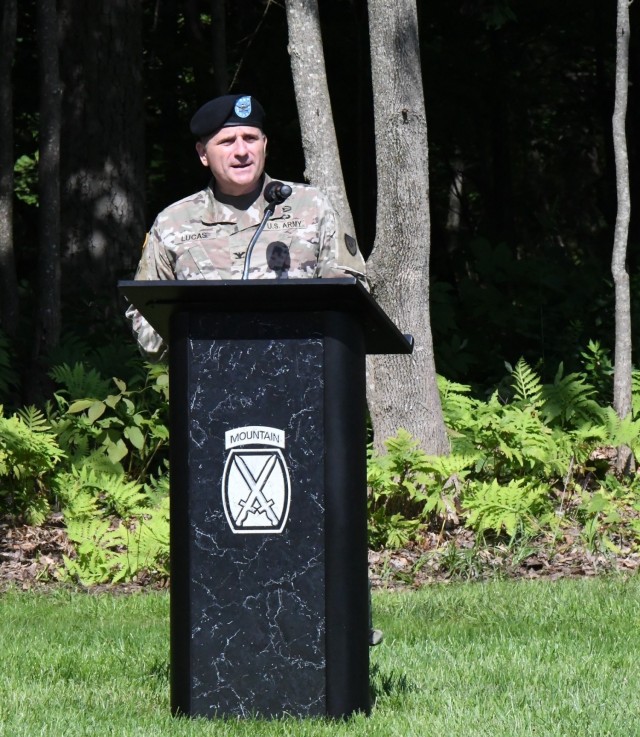 Col. Jeffery Lucas, outgoing Fort Drum garrison commander, addresses the audience during the change of command ceremony July 23 outside LeRay Mansion. He relinquished command to Col. James J. Zacchino Jr., who previously served at Fort Drum with the 10th Mountain Sustainment Brigade. (Photo by Mike Strasser, Fort Drum Garrison Public Affairs)