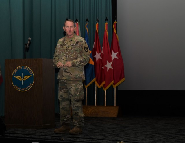 U.S. Army Lt. Gen. Thomas Todd, deputy commanding general for Acquisition and Systems Management at the Army Futures Command, speaks about modernization efforts during the Aviation Industry Days event at Fort Rucker, Alabama, July 21, 2021. (U.S. Army photo by Kelly Morris)