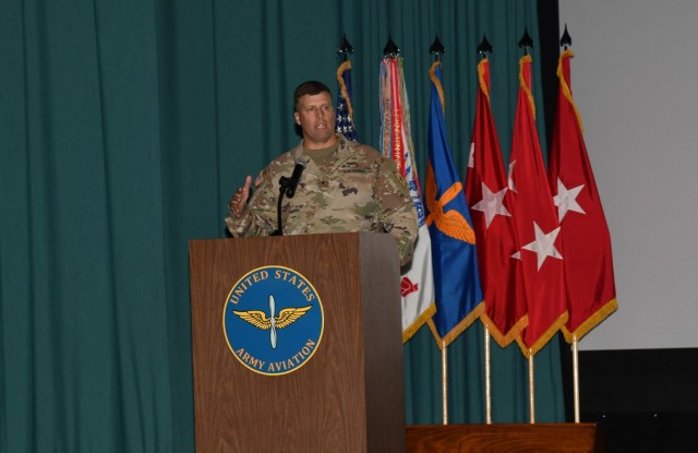 Brig. Gen. Clair Gill, director of Army Aviation at the Pentagon, speaks to industry representatives and aviation Soldiers about Army priorities including prioritizing people and talent management, and supporting the warfighter forward, during the Aviation Industry Days event at Fort Rucker July 21, 2021. (U.S. Army photo by Kelly Morris)