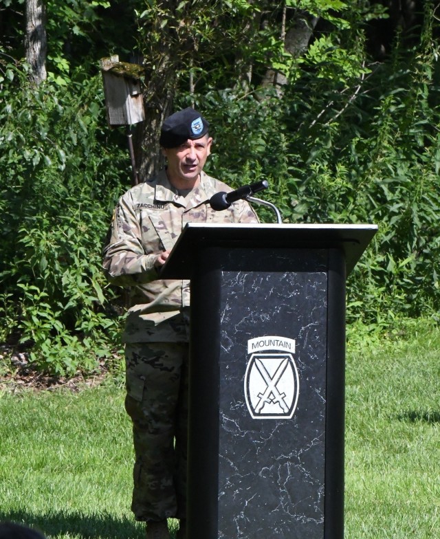 Col. James J. Zacchino Jr. assumed command of the Fort Drum garrison from outgoing commander Col. Jeffery Lucas during a ceremony July 23 outside LeRay Mansion. Zacchino previously served at Fort Drum as chief of the logistics training and advising team and deputy brigade support for the 10th Mountain Sustainment Brigade, and deployed to Camp Taji, Iraq. He also served as support operations officer and executive officer of the 548th Combat Sustainment Support Battalion, and as the deputy brigade support operations officer and deployed to Bagram, Afghanistan. (Photo by Mike Strasser, Fort Drum Garrison Public Affairs)