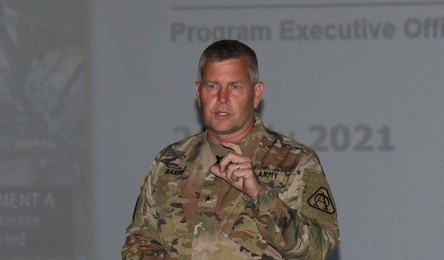 U.S. Army Brig. Gen. Robert Barrie, Program Executive Officer for Aviation at Redstone Arsenal, Alabama, provides a program update to industry representatives and aviation Soldiers during the Aviation Industry Days event at Fort Rucker July 21, 2021. (U.S. Army photo by Kelly Morris)