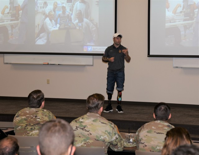 Decorated U.S. Army veteran and motivational speaker J.P. Lane shares his personal story with students from the Aviation Captains Career Course, Basic Officer Leaders Course, and Warrant Officer Basic Course during a special session at Fort Rucker...