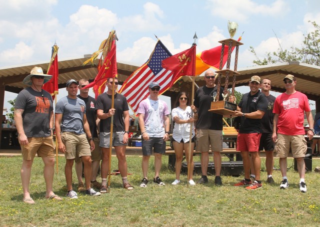Col. David Norris, 75th Field Artillery Brigade commander, left, and Lt. Col. Emiliano Tellado, 1st Battalion, 14th Field Artillery commander, hold the Diamond Brigade Commander’s Cup July 22, 2021, at Fort Sill, Oklahoma. Tellado’s battalion...