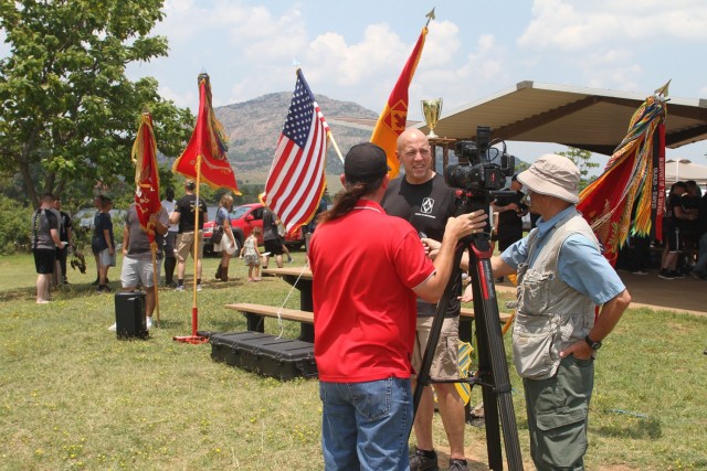 Col. David Norris, 75th Field Artillery Brigade commander, addresses local media representatives at the Diamond Week organization day at Lake Elmer Thomas Recreation Area on Fort Sill, Oklahoma. Brigade members celebrated the 100th anniversary of...