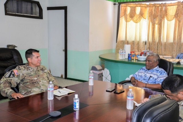 U.S. Army Garrison-Kwajalein Atoll Commander Col. Thomas Pugsley, left, talks with Ebeye Mayor Hirata Kabua during his first visit to Ebeye since taking command June 30, 2021 at Kwajalein Atoll local government conference room. (U.S. Army photo by Mike Brantley)