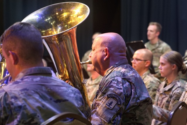 1st. Sgt. Eric Fahrlander plays the tuba in a concert at the last stop on the summer tour June 17, 2021 in West Point, Nebraska. The Nebraska National Guard 43rd Army band toured several cities in eastern and northeastern Nebraska from June 10-17,...