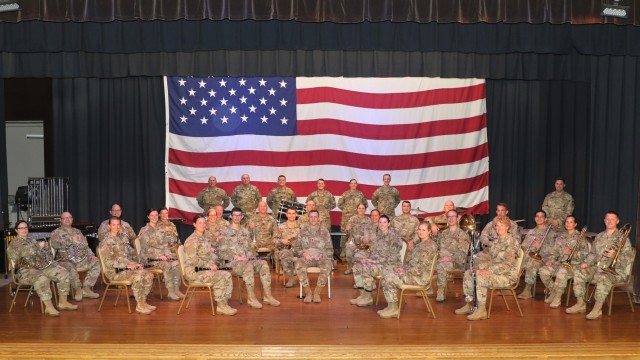 The Nebraska National Guard 43rd Army Band poses for a group photo at the last stop on the summer tour June 17, 2021 in West Point, Nebraska. The Nebraska National Guard 43rd Army band toured several cities in eastern and northeastern Nebraska...