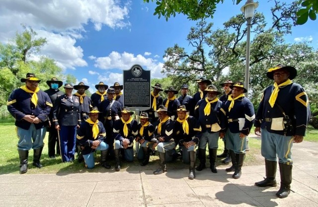 Members of the Bexar County Buffalo Soldiers Association gathered June 12, 2021, for the dedication of a historical marker commemorating the 9th Cavalry at San Pedro Springs. Supporters included members of the San Antonio Chapter, The ROCKS Inc. 