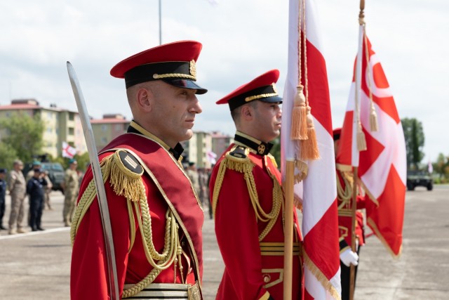 The Georgia Defense Force Honor Guard stands at attention during the opening ceremony for Exercise Agile Spirit 2021 at Senaki Air Base on July 26, 2021. Agile Spirit provides vital opportunities, not only for multiple U.S. services to work...