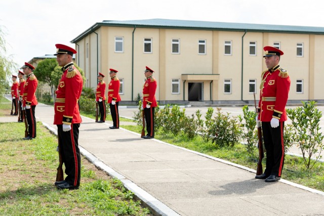 The Georgian Defense Force Honor Guard stands at attention during the opening ceremony for Exercise Agile Spirit 2021 at Senaki Air Base, July 26, 2021. Agile Spirit provides vital opportunities, not only for multiple U.S. services to work...