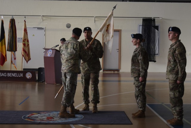 Headquarters and Headquarters Company, U.S. Army Garrison Benelux, welcomed Capt. Victor Nabeyan II as their commander during an assumption of command ceremony July 23 at Chièvres Air Base, Belgium. (U.S. Army photo by Christophe Morel)