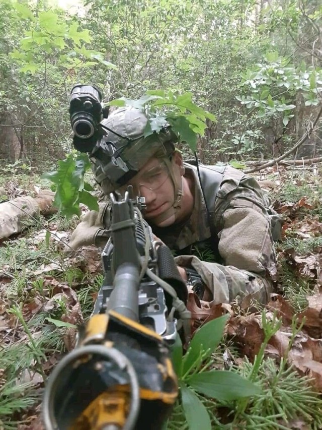 1st Lt. Conner Webber assigned to 3rd Battalion, 15th Infantry Regiment, 2nd Armored Brigade Combat Team, 3rd Infantry Division, pulls security during the mountain phase of Ranger School in Dahlonega, Georgia, June 2021. (Courtesy Photo)