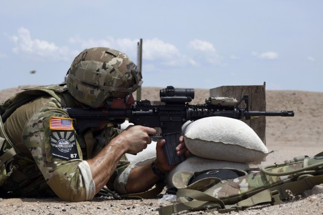 Army Staff Sgt Stephen Southerlin II, an infantryman with the Texas Army National Guard’s C Troop, 1st Battalion, 124th Regiment, fires an M4 Carbine rifle during the rifle challenge portion of the 2021 Army National Guard Best Warrior Competition at Camp Navajo, Arizona, July 20, 2021.
The competition spans three physically and mentally demanding days where competitors are tested on a variety of tactical and technical skills as they vie to be named the Army Guard’s Soldier and Noncommissioned Officer of the Year. The winners then represent the Army Guard in the Department of the Army Best Warrior Competition later this year.