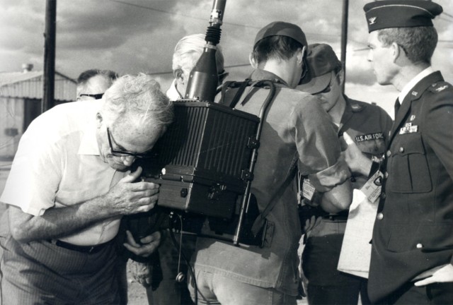 By the early 1980s, Global Positioning Satellite (GPS) technology had been miniaturized to the point that a man portable backpack weighing a mere 25 pounds began testing with Soldiers at U.S. Army Yuma Proving Ground (YPG). Here, then-U.S. Senator Barry Goldwater makes a close inspection of a man-portable GPS receiver during a visit to YPG in 1981. YPG was the home of GPS testing from 1974 through 1990.