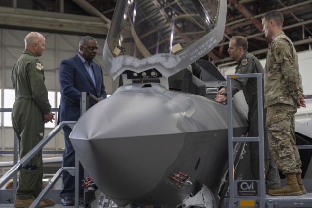 Secretary of Defense, Lloyd J. Austin III is briefed on the U.S. Air Force F-35 Lightning II assigned to 354th Fighter Wing, Eielson Air Force Base, Alaska, July 24, 2021. Alaska is the first stop in seven day trip that includes Singapore, Hanoi,...