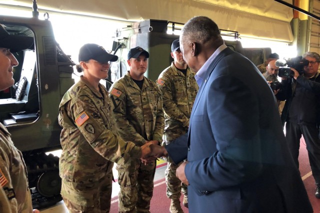 Secretary of Defense Lloyd Austin meets with instructors at the Northern Warfare Training Center at Fort Wainwright, Alaska.