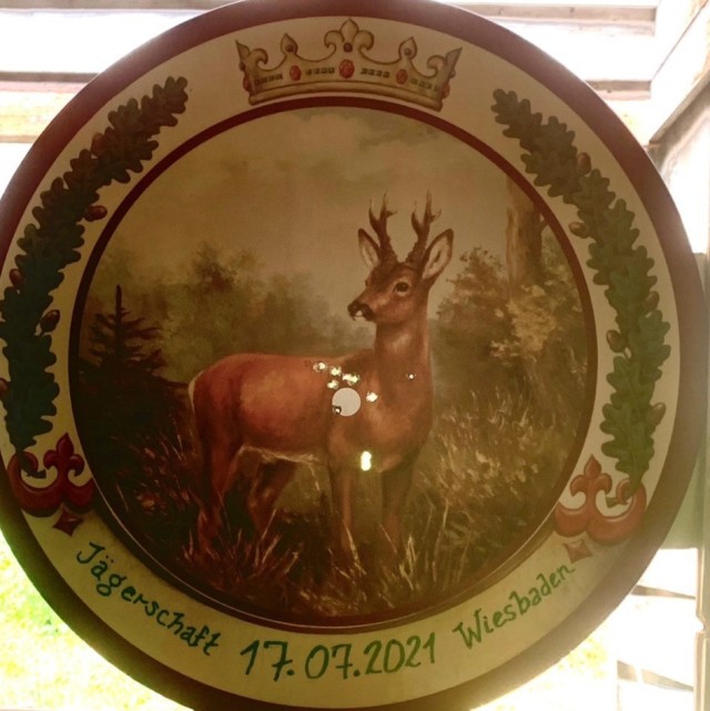 Holes in the Ehrenscheiben, or honor plate, show the skill of all of the competitors for the Golden Buck Trophy.  (photo by Steven Steininger)