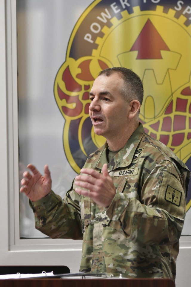 Brig. Gen. Michael Lalor, Chief of Ordnance, speaks to audience members during the July 27 Ordnance Corps Chief Warrant Officer Assumption of Charter welcoming Chief Warrant Officer 5 Carlos H. Terrones at Ball Auditorium. Terrones replaced CW5...
