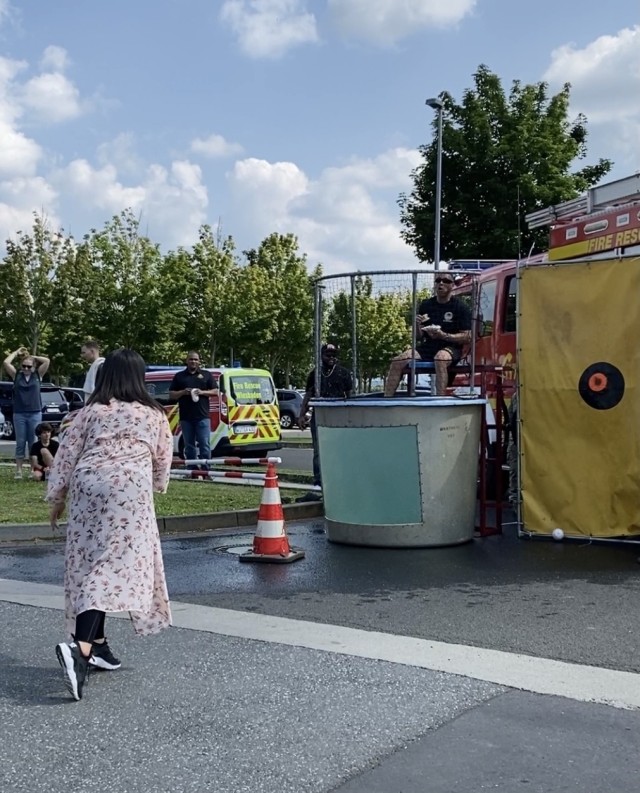 Garrison Wiesbaden Commander, Col. Mario Washington, takes his turn in the dunk tank during the Army Community Service birthday bash July 23 on Hainerberg Kaserne.