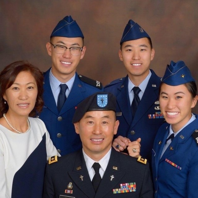 Ch. (Lt. Col.) Hyokchan Kim with his wife and family. Ch. Kim, the command chaplain for 19th Expeditionary Sustainment Command, became an Army Chaplain after finishing his Korean Army service in the late 1980s, then later serving as a minister in Las Vegas. All of Ch. Kim's children are graduates of the U.S. Air Force Academy.

Photo courtesy of Ch. Kim