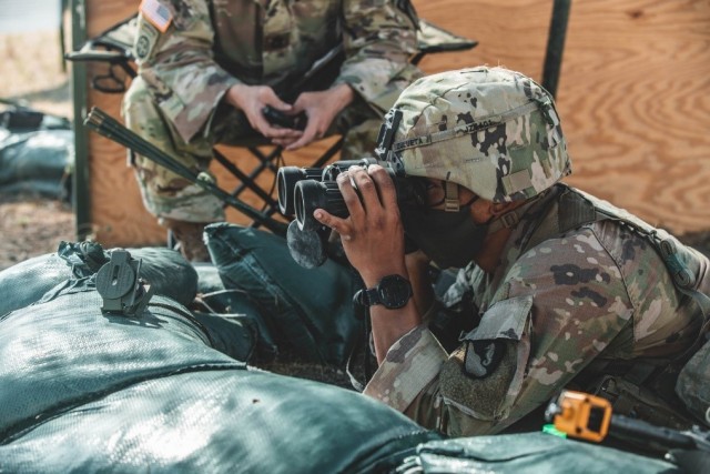A Trooper with 3rd Armored Brigade Combat Team, 1st Cavalry Division, sights a target during the patrolling portion of the coveted Expert Soldier Badge (ESB) and Expert Infantry Badge (EIB) qualification, Fort Hood, Texas, August 26, 2020. The ESB...