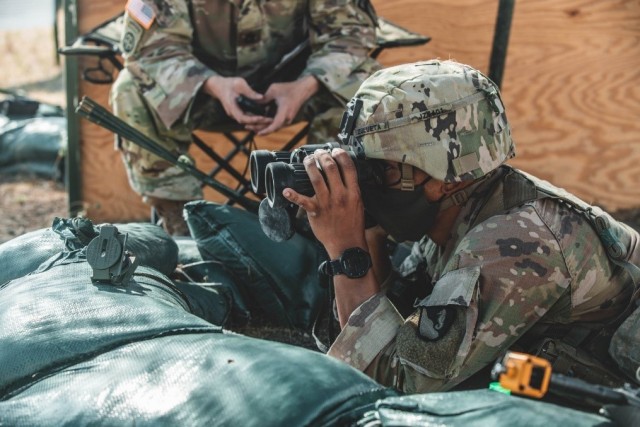 A Trooper with 3rd Armored Brigade Combat Team, 1st Cavalry Division, sights a target during the patrolling portion of the coveted Expert Soldier Badge (ESB) and Expert Infantry Badge (EIB) qualification, Fort Hood, Texas, August 26, 2020. The ESB and EIB qualification tests the Soldiers knowledge on basic Infantry and basic Soldier skills. If they qualify, they will be awarded the title “expert” in their field. 